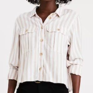 American Eagle Beige Striped Cropped Linen Button Up Shirt